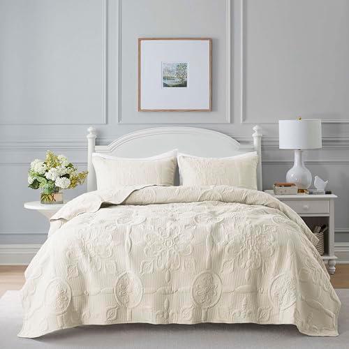 Ivory Damask Quilt Queen Size Bedding Sets with 2 Pillow Shams, Cream Boho Bedspread Lightweight Soft Farmhouse Vintage Bohemian Coverlet Retro Jacquard Pattern Bed Cover for All Season, 3 Pieces