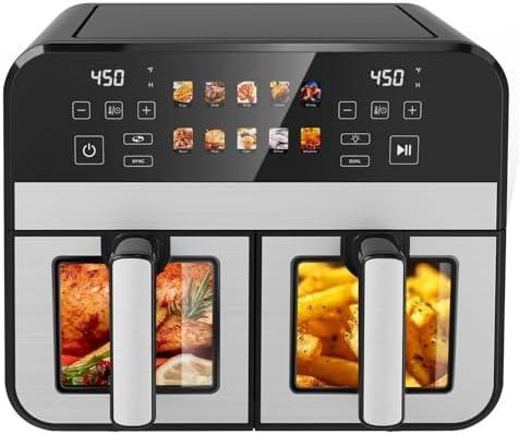12QT Dual Basket Air Fryer, 12-in-1 Digital Air Fryer Oven with Visible Windows, 6QT x 2 Drawers, One-Touch LED Panel, Sync Finish, Dehydrate, Defrost, Roast, Bake, Reheat, Dishwasher Safe