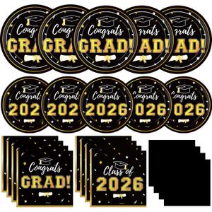 Graduation Decorations 2026 Class of 2026 Congrats Grad Disposable Paper Plates Luncheon Napkins Cocktail Napkins Black Gold Graduation Party Supplies Serve 50