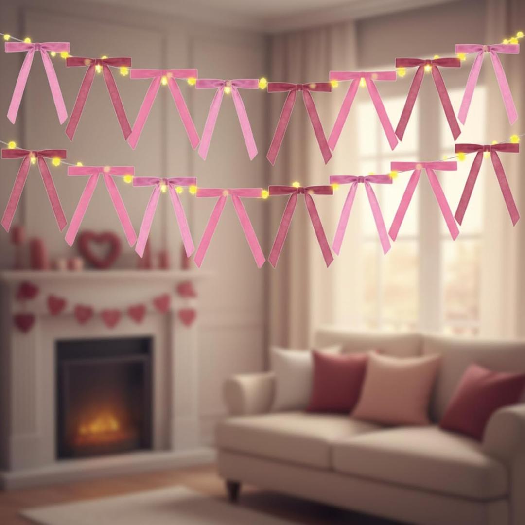 2 x 13ft Velvet Bow Garland with String Lights Velvet Bow Garland Banner Valentines Galentines Indoor Decor for Wedding Holiday Party Wall Home Front Door(Pink)