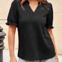 Dokotoo Womens Summer Short Puff Sleeves Blouses Shirts V Neck Cute Solid Knit Textured Casual Regular Fit Tops (Black, S)