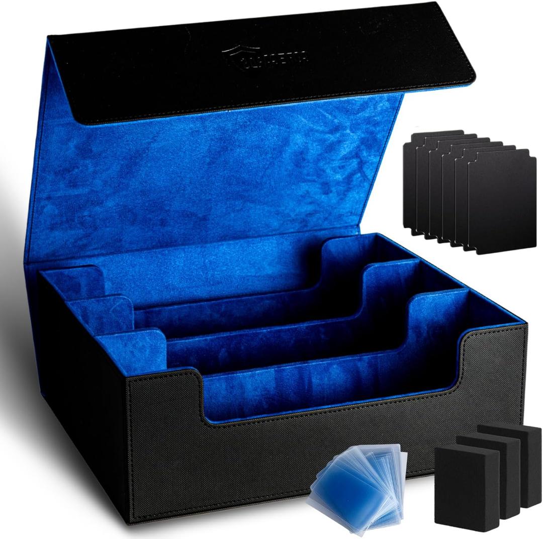 Trading Card Storage Box - Holds 1800+ Cards With Magnetic Closure, 10 Dividers, 3 Foam Stoppers and 100 Sleeves fits Commander MTG, YuGiOh, and Sports Card Storage - Card Case - Deck Box - TCG (Black/Blue)