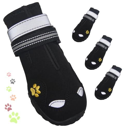 FISHOAKY Dog Shoes for Large Dogs, 360°Anti Slip Medium Dog Boots & Paw Protectors Winter Snowy, Waterproof 4Pcs Dog Booties with Reflective Strips (Size 2: 1.77''x2.3''(W*L), Black)