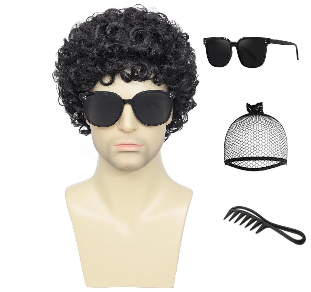Mens Curly Afro Wigs Short Black Wig for Male Guy Rocker Wig California Halloween Cosplay Costume Full Wigs (Black)