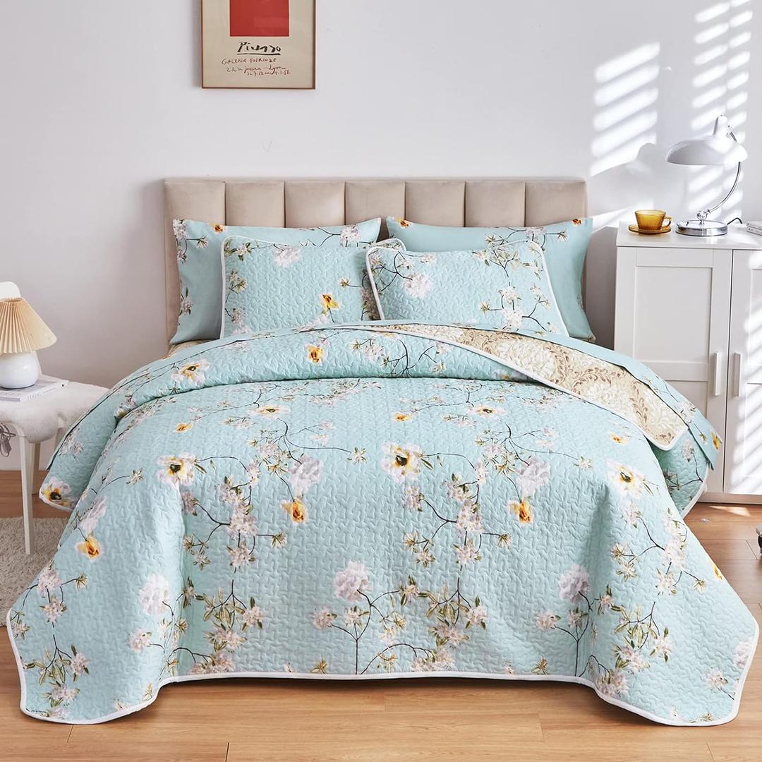 Joyreap 2 Pieces Reversible Floral Quilt Set Aqua, Microfiber Soft Smooth Quilt, Elegant Flower Design Bedspread, Lightweight Bed Cover for All Season, 1 Quilt n 1 Pillow Sham (Twin, 68x86 inches)