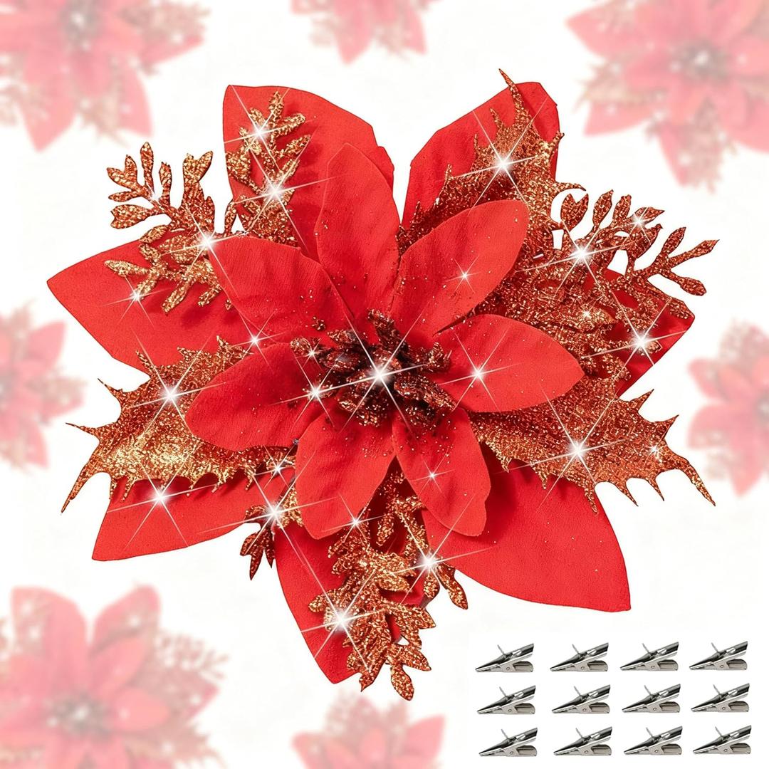 24 Pcs Christmas Artificial Poinsettia Flowers 5.9" Glitter Poinsettias Flowers with Clips for Christmas Tree DIY Xmas Wreath Party New Year Decor (Red)