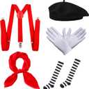 5 Pcs Mime Artist Costume Accessories Set Women French Mime Cosplay Outfit Includes Black Beret Red Suspender Scarf White Gloves and Black White Stripe Socks for Halloween Theme Party Dress up Decor