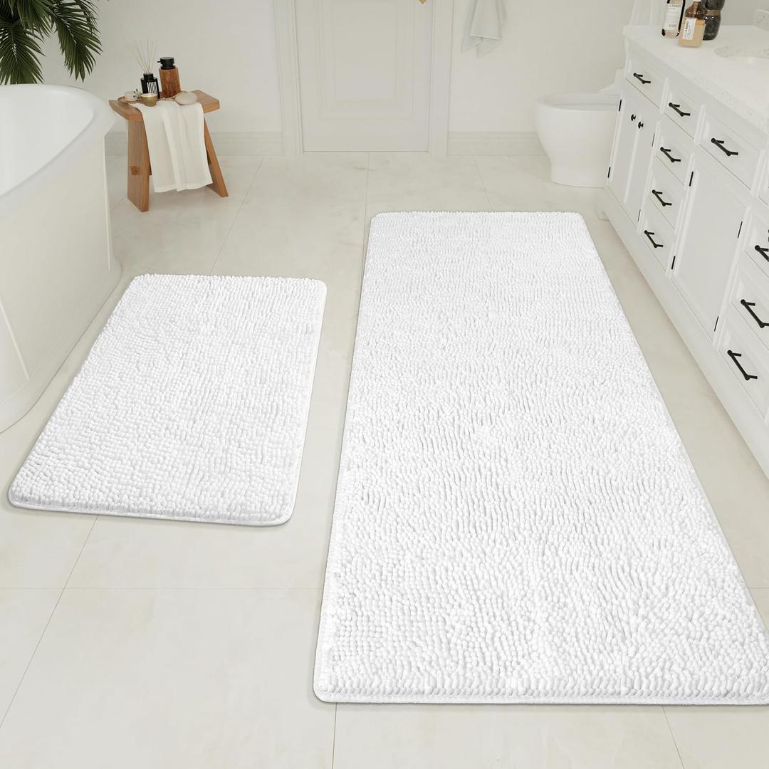 LOCHAS Bathroom Rugs Sets 2 Piece, 20 x 32 Plus 24 x 60 Inches Thick Non Slip Bath Rug Set, Absorbent Soft Chenille Bath Rug, Machine Washable Quick Dry Bath Mat for Bathroom Floor, White