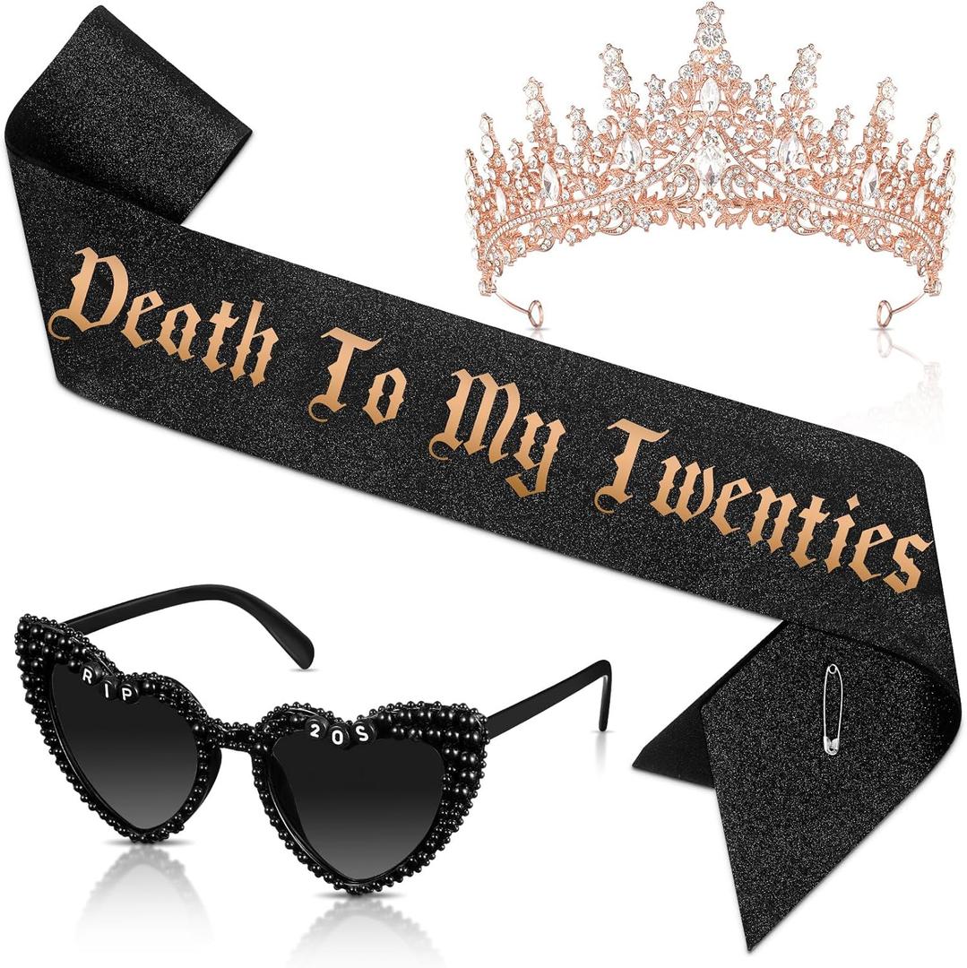 JaGely 3 Pcs 30th Birthday Party Accessories Set, Gothic Crown Tiara Rip to My 20s Sash and Death to 20s Sunglasses(Rose Gold,Death to My Twenties)