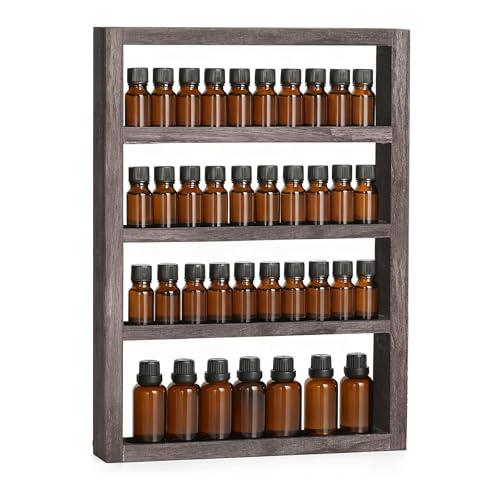 ETELI Essential Oil Storage Rack 4 Tier Wall Mounted Wooden Display Shelf Holder Nail Polish Organizer with Groove Inside for Bedroom Bathroom Powder Room, Rustic Brown