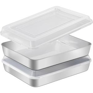 Stainless Steel Baking Pan with Lid, 2-Pack Rectangular Cake Pan Set, Non-Toxic & Heavy Duty Metal Bakeware for Brownie, Lasagna, Casserole, Roasting, Dishwasher Safe