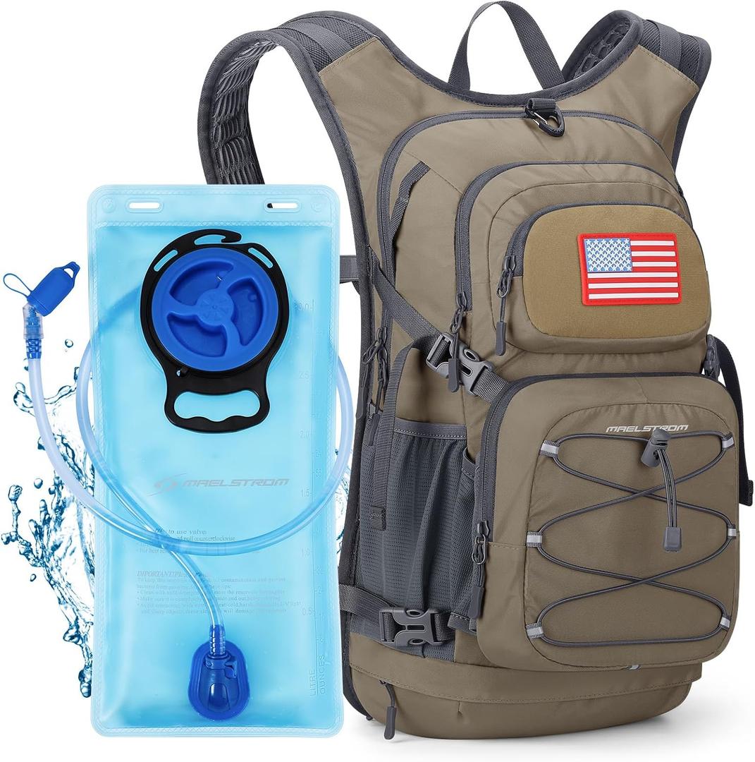 Maelstrom Hydration Hiking Backpack with 2L/3L Water Bladder, High Flow Bite Valve Camping Daypack Lightweight (4.Khaki)