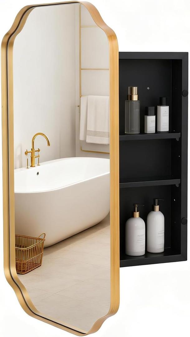 Gold Metal Medicine Cabinet French Design,Bathroom Mirror with Storage, Recessed or Surface Mounted, 2 Adjustable Metal Shelves (Brushed Gold, 16x24)