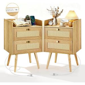 Rattan Nightstands Set of 2, Boho Bedside Table with 2 Drawers
Rattan Nightstand with Charging Station, Open Storage End Tables for Bedroom, Small Spaces and Dorm, Solid Wood Legs, Natural