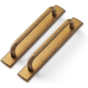 2 Pack Antique Brass Cabinet Pulls with Backplate, Solid Zinc Alloy 5'' Hole Centers Drawer Handles, Vintage Style Hardware for Bedroom, Kitchen Cupboard