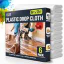12 x 9 Ft Drop Cloths (6-Pack) Plastic Sheeting & Painters Plastic Tarps for Painting, Waterproof Floor & Furniture Protection