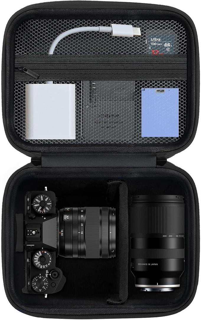Camera Case for Fujifilm XT30 III/X-T5/X-T50/Canon AE-1 Mirrorless Camera Fits 16-50mm/18-300mm Lenses With Adjustable Dividers & Mesh Pocket (Case Only)