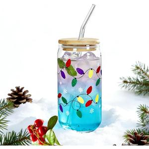Color Changing Christmas Glass Cups - 16 Oz Iced Coffee Cups with Lids & Straws, Party-Reason Drinkware for Milkshakes, Juice & Iced Beverages, Festive Holiday Gift Set