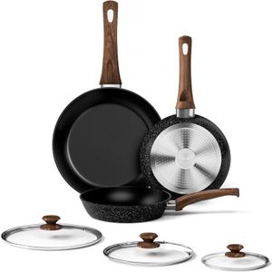 Frying Pan Set - 3 Pcs Nonstick Skillets With Lids, PFOA Free, Induction Compatible, Black (Black-8Inch+9.5Inch+11Inch With Lid)