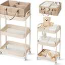 Fortella Baby Diaper Caddy, 3 Tier Rolling Storage Cart for Baby Essentials, Diaper Cart with Detachable Dividers, Storage & Baby Bottle Organizer, Nursery Dresser for Bedroom, Living Room (Taupe)