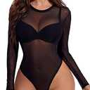 Avidlove Womens Mesh Long Sleeve Bodysuit Round Neck Sheer Leotards Geo Print Bodysuit Top with Snap Crotch 2XL