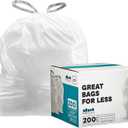 Plasticplace Trash Bags, Compatible with simplehuman Code D (200 Count) White Drawstring Garbage Liners 5.3 Gallon / 20 Liter, 15.75" x 28"