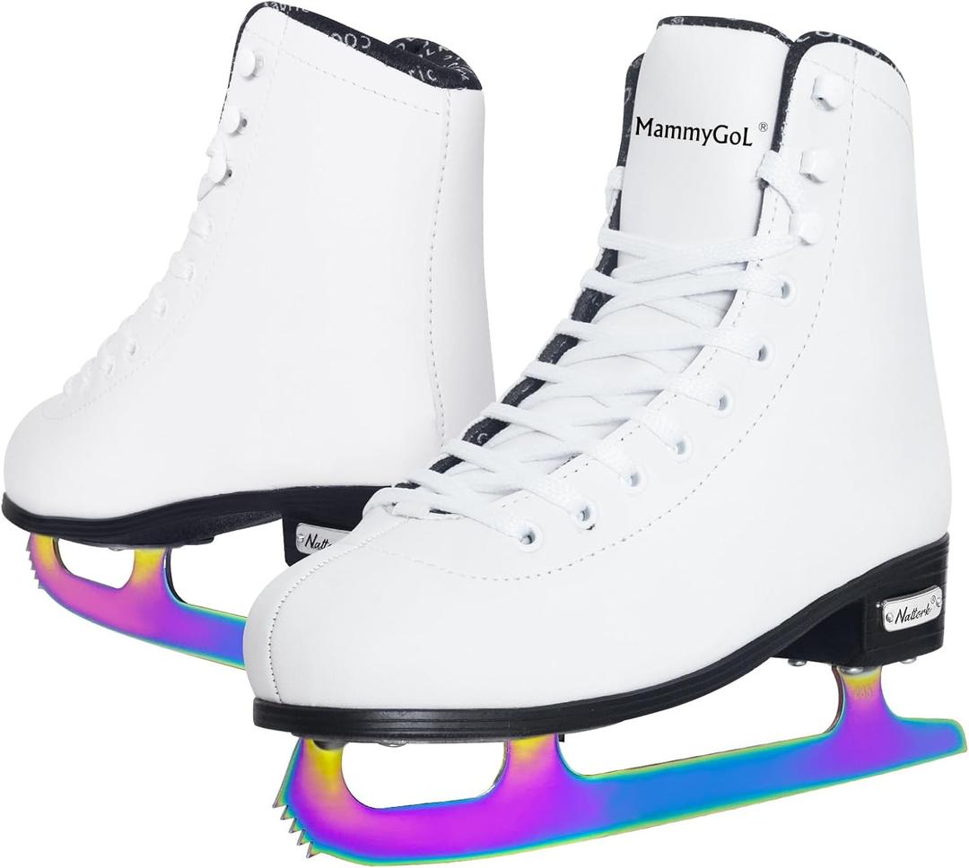 MammyGol Classic Ice Figure Skates for Womens/Misses/Girls Lace up with Vacuum Plating Steel Blade Light Support Ice Figure Skates in White Color Size 6