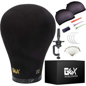 GEXWORLDWIDE GEX 20"-24" Canvas Cork Wig Block Mannequin Head for Wig Making Drying Styling Display with Table C Clamp Stand Holder (Black 22")