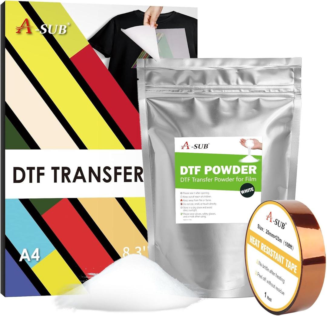 A-SUB DTF Transfer Film and Powder Kit - 30 Sheets A4 DTF Film for Sublimation and DTF Printer, 1.1lb/500g White Medium DTF Powder, DTF Starter Kit for Printing on Any Fabrics