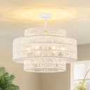 23.6" Rattan Light Fixtures Ceiling Mount, 6-Light Boho Flush Mount Ceiling Light with 3-Tier Hand-Woven Drum Shade, Rustic Rattan Chandelier for Dining Room Living Room Kitchen Island Farmhouse Foyer