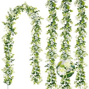 6FT Eucalyptus Garland with Flowers, 4 Pack Greenery Hanging Faux Eucalyptus Garland Suitable for Table Wedding Backdrop Arch Wall Party Thanksgiving UV Protected Indoor Outdoor Decorations