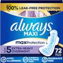Always Maxi Overnight Pads with Wings, Size 5, Extra Heavy Overnight, Unscented, 72 Count