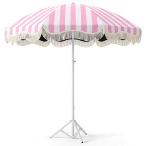 Klyyo Clyro Patio Umbrella with Fringe, UPF 50+ UV Boho Outdoor Beach Umbrella with Carry Bag, UV Sun Protection Shade with Tassels for Garden, Deck, Backyard(Pink Strip,6.5 ft,with Tripod)