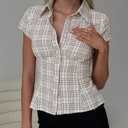 Women's Plaid Shirt Button-up Short Sleeve Collared Slim Fit Casual Summer Blouse Tops (L)