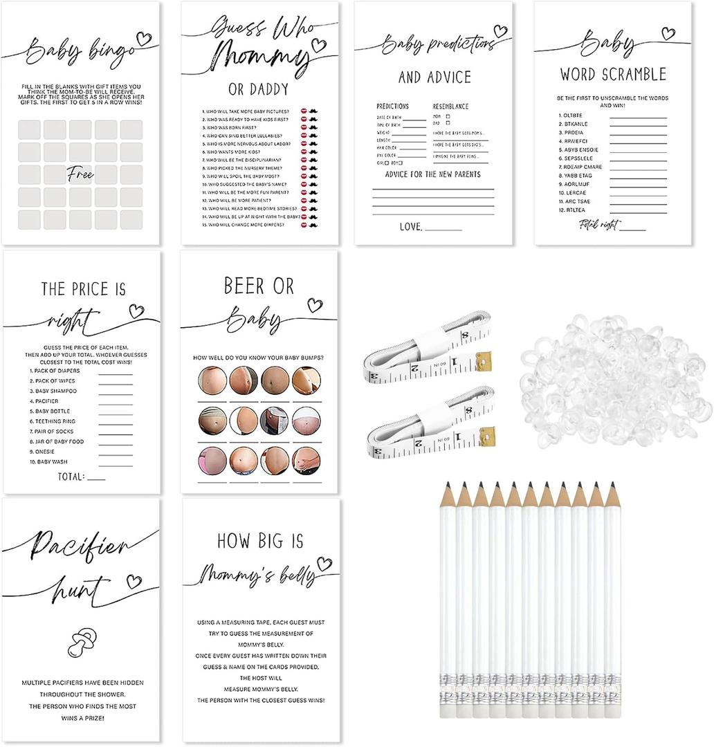 Honoson 279 Pcs Simple White Baby Shower Games Set for 50 Guest, 8 Games Include Baby Shower, Guess Mommy or Daddy, Word Scramble, How Big is Mommys Belly, Pacifier Hunt, Fun and Easy to Play