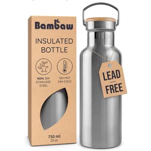 Bambaw 24 oz Metal Water Bottle, Insulated Stainless Steel Water Bottle, Great for Travel, Wide Mouth for Easy Cleaning, Reusable & Durable, Rust-Resistant & Sturdy (Natural Steal)