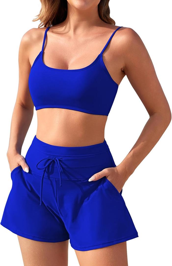 Pink Queen 2 Piece Bathing Suits for Women Adjustable Strap Top Drawstring High Waisted Bikini Shorts Swimsuit with Pockets (X-Large, Sapphire Blue)