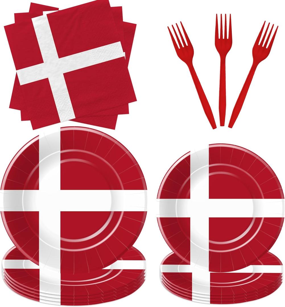 Denmark Flag Theme Tableware, Denmark Party Supplies, Paper Plate, Napkin, Fork, Danish Flag Party Supplies for Constitution Day, National Celebrations, or Themed Events, Serve 24