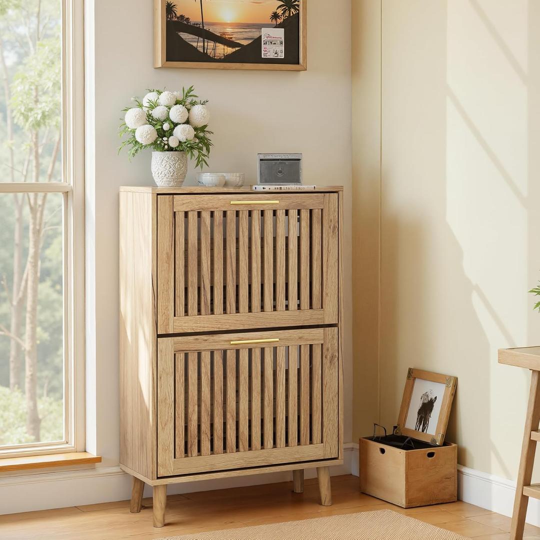 Smart FENDEE Shoe Cabinet with 2 Flip Slatted Drawers, Farmhouse Slim Shoe Organizer Rack with Golden Handles, Freestanding Hidden Entryway Storage for Hallway, Natural Oak