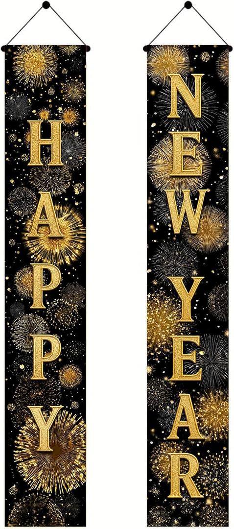 Happy New Year Porch Banner 12x71 Inches Gold Letter Door Hanging Sign New Year Party Porchs Decoration for Indoor Outdoor Home Entryway Holiday Celebration Porch Wall Doorway Decor