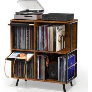 3 Tier Record Player Stand, Flip Top Record Player Cabinet, Mid Century Record Player Table with Shelves Holds up to 300+ Albums, Vinyl Record Storage with 4 U-Dividers for Living Room Bedroom, Brown