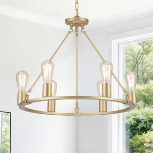 6-Lights Gold Chandelier | Dia 24'' Farmhouse Wagon Wheel Chandelier | Rustic Hanging Dining Room Light Fixture | Apply to Living Room | Kitchen Island | Entryway | Foyer, D24'' 6-Light
