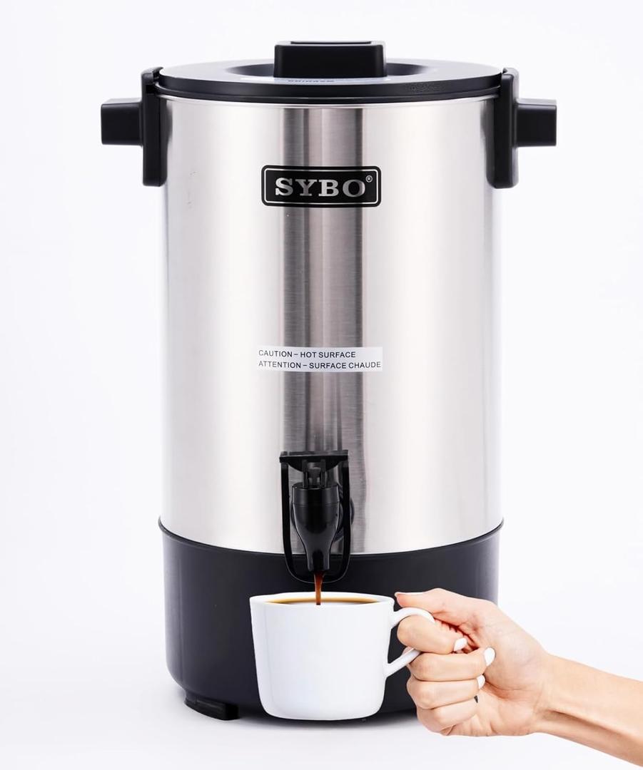 SYBO Commercial Grade Stainless Steel Percolate Coffee Maker, Hot Water Urn for Catering, Hot Beverage Dispenser, 40-Cup, 6L, Metallic