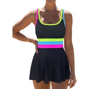 popvil Women One Piece Swimsuit 2026 Tummy Control Bathing Suit Neon Modest Swim Dress with Skirt Full Coverage (Large)