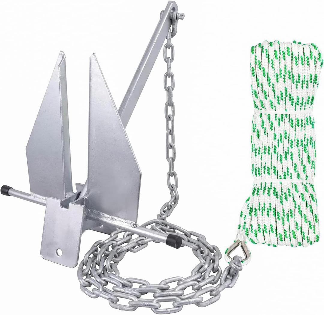 MARINE SYSTEM Anchor Kit Fluke Anchor with Anchor Chain and Boat Anchor Rope Set for Boats Pontoon, Deck, Fishing, and Sail, For Boats 12-22 FT - 8LB