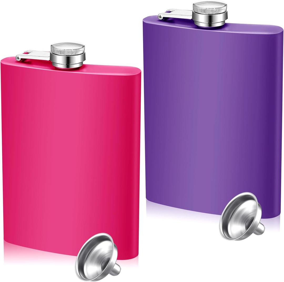 Meanplan 2 Pack 8 oz Flasks for Women Hip Flask for Liquor Matte Flask with Funnel Leakproof Stainless Steel Whiskey Pocket for Alcohol Drink Christmas Valentine Wedding Gift(Pink, Purple)