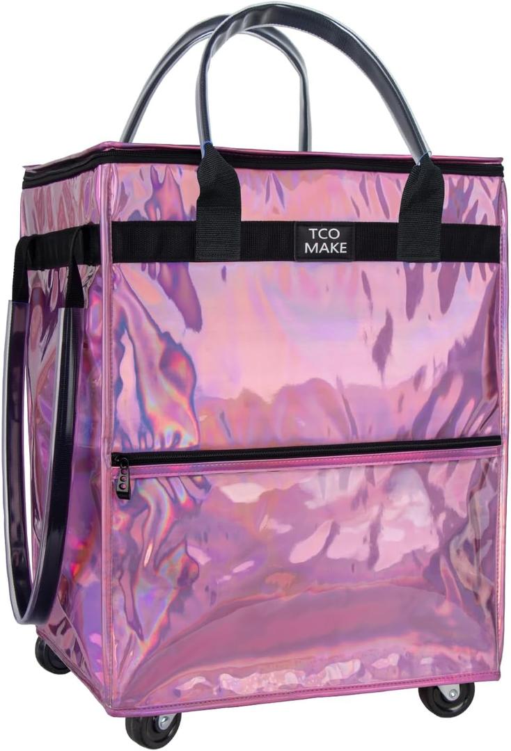 TCOMAKE Reusable Grocery Bag on Wheels, Shopping Bags with Wheels and Handle, Folding Rolling Tote Trolley, Zipper Cover, Carries Up to 46 LBS, Waterproof (Medium, Phantom Pink)