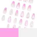 3 x Summer Press on Nails Medium Almond Fake Nails with 3D Pearl Water Ripple Design Seashell Glue on Nails Ombre Pink Nude False Nails Glossy Reusable Handmade Nails for Women Girls Manicure 24pcs