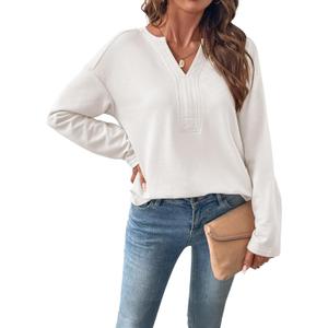 SHEWIN Womens Casual V Neck Sweatshirt Long Sleeve Lightweight Drop Shoulder Solid Pullover Tops (White, XXL)