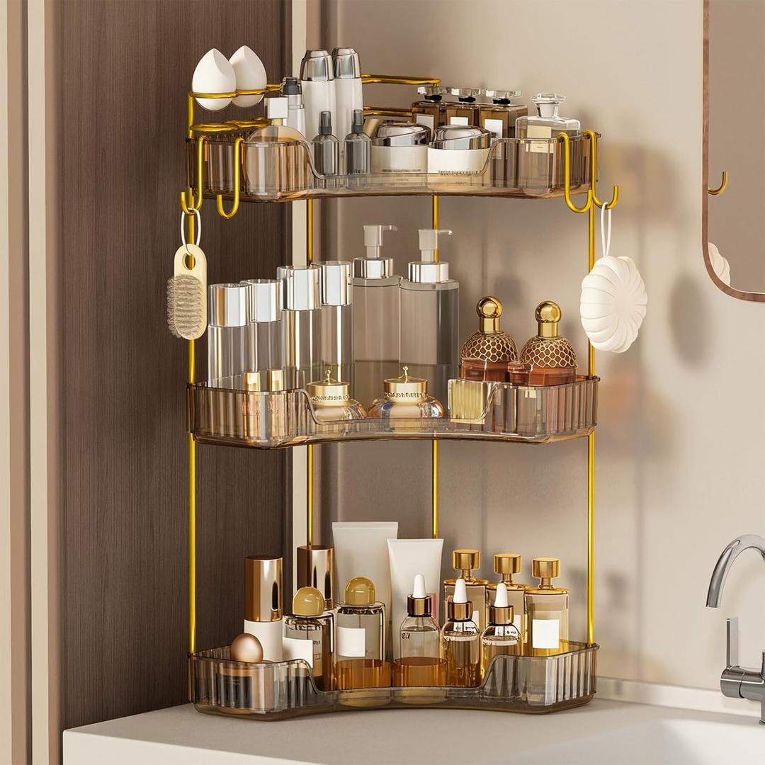 3-Tier Corner Bathroom Counter OrganizerMakeup & Skincare Shelf with Built-in Brush HolderSpace-Saving Bathroom Countertop Organizer for Skincare, Perfume, Cosmetics(Amber)